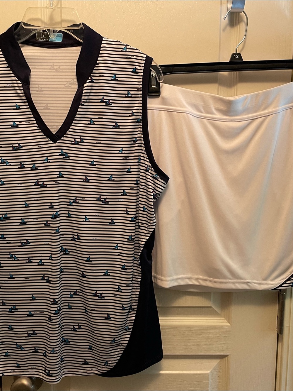 Striped Navy & White Sleeveless V-Neck Top with Coordinating Skort Golf Set